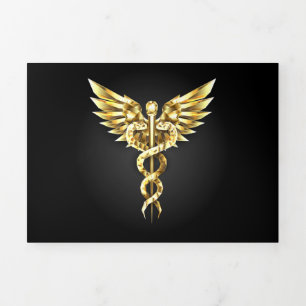 Anuncio Tríptico Símbolo poligonal dorado Caduceo