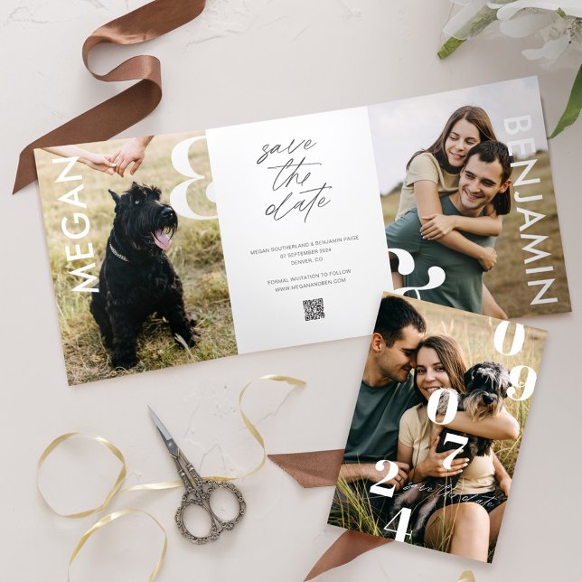 Anuncio Tríptico Simple negrita estilo Guardar la fecha de la foto  (Simple Stylish Bold Save the Date Multiple Photo Tri-Fold Announcement)