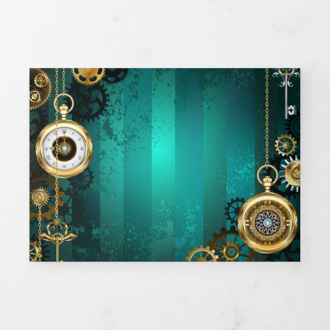 Anuncio Tríptico Steampunk Jewelry Watch sobre un fondo verde (Foto de portada)
