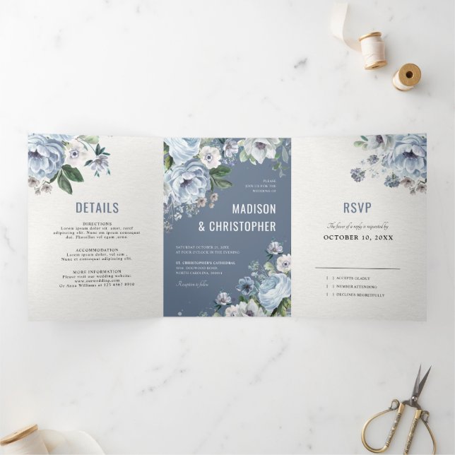 Anuncio Tríptico Tonos de gris azul polvoriento invierno bodas rúst (Interior)
