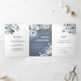 Anuncio Tríptico Tonos de Gris Polvo Azul Invierno Boda Rústica Tr