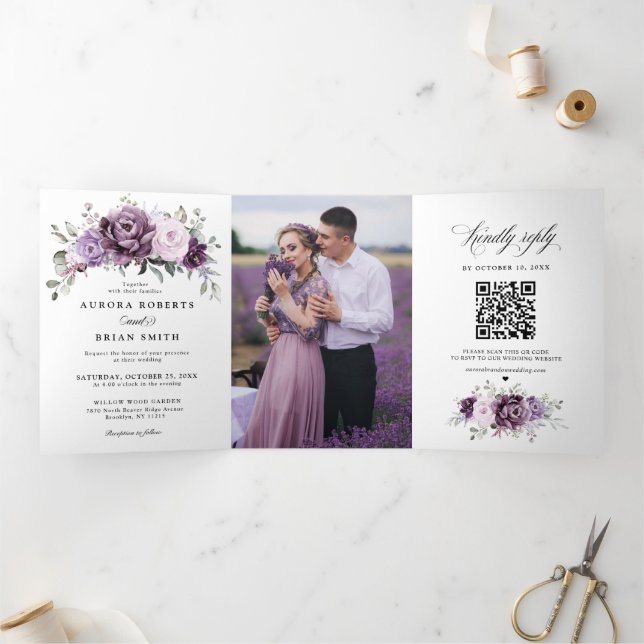 Anuncio Tríptico Tonos de violeta morada agitada florece Boda morad (Interior)