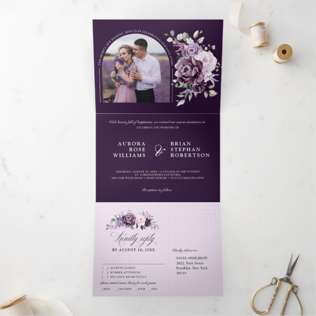 Anuncio Tríptico Tonos de violeta morada agitada florece Boda morad (Interior)