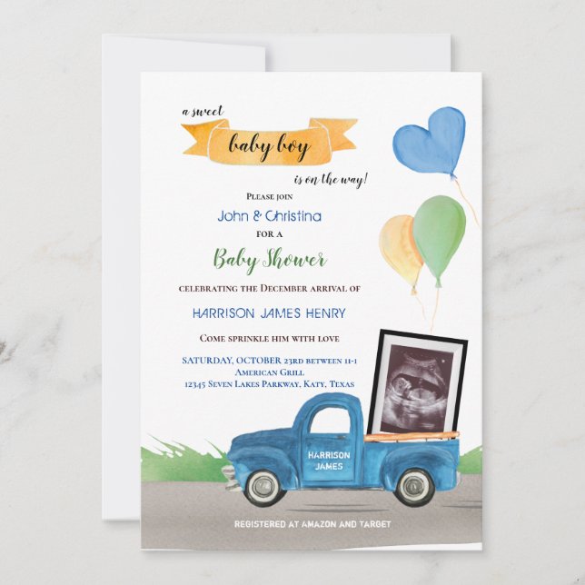 Anuncio Ultrasound Blue Truck Green Balloons Baby Shower (Anverso)
