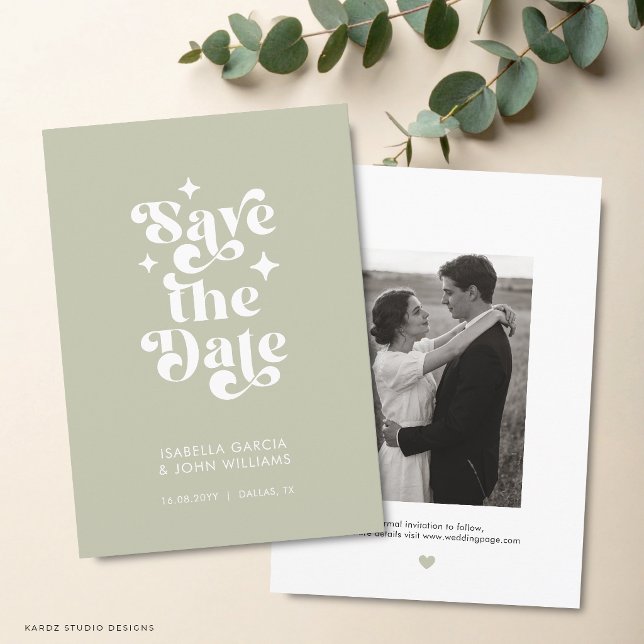 Anuncio Verde Salvia Foto Boda Guardar la Fecha (The front and back of the invitation shown in a 5x7-inch size. Choose size, paper, and corner style.)