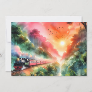 Anuncio Viaje en tren al atardecer tropical acuarela