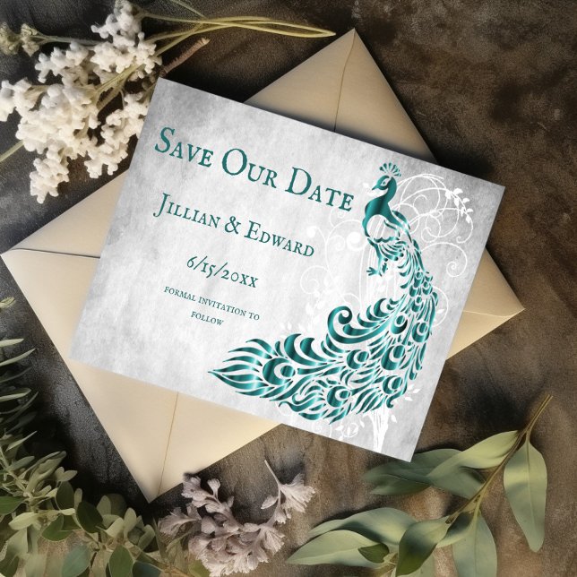 Anuncio Vine verde azulado De Hoja De Peacock Guarda El An (Teal Peacock Leaf Vine Save the Date)