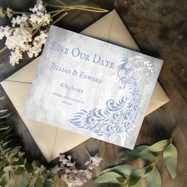 Anuncio Vino de hojas de pavo real azul claro salva la fec (Light Blue Peacock Leaf Vine Save the Date)