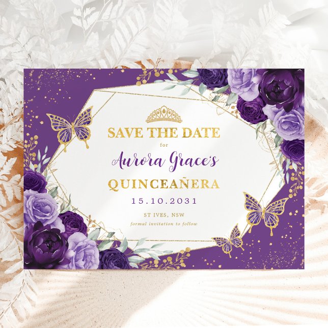 Anuncio Violet Gold Quinceanera Floral Save the Date (Subido por el creador)