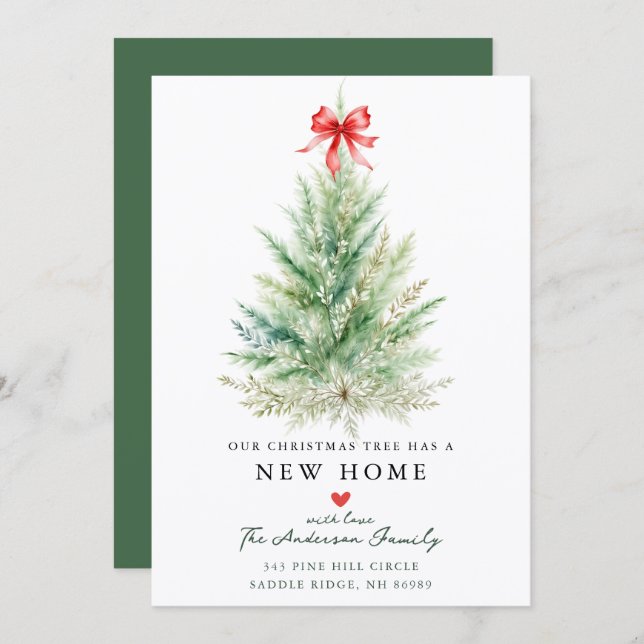 Anuncio Watercolor Christmas Tree New Home Card (Anverso / Reverso)