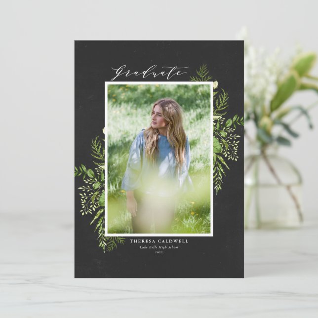 Anuncio Watercolor Foliage Chalkboard Photo Graduation (Anverso de pie)
