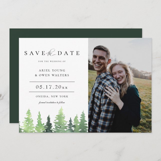 Anuncio Watercolor Forest Wedding Save The Date Photo (Anverso / Reverso)