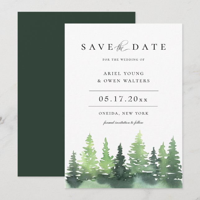 Anuncio Watercolor Forest Woodland Wedding Save The Date (Anverso / Reverso)