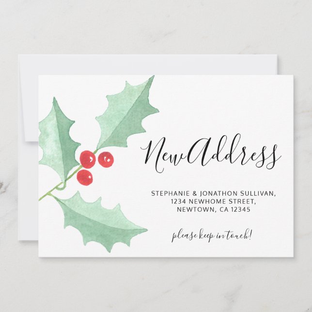 Anuncio Watercolor Holly New Address Christmas Moving (Anverso)