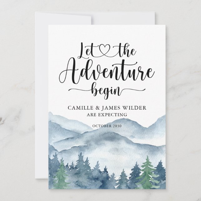 Anuncio Watercolor Mountain Forest Pregnancy Announcement (Anverso)