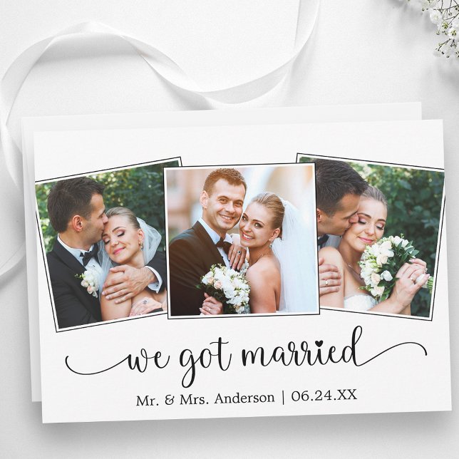 Anuncio We Got Married Calligraphy Heart 3 Photo (Customize to change your personalized text size, text style or to add text to back of card.)