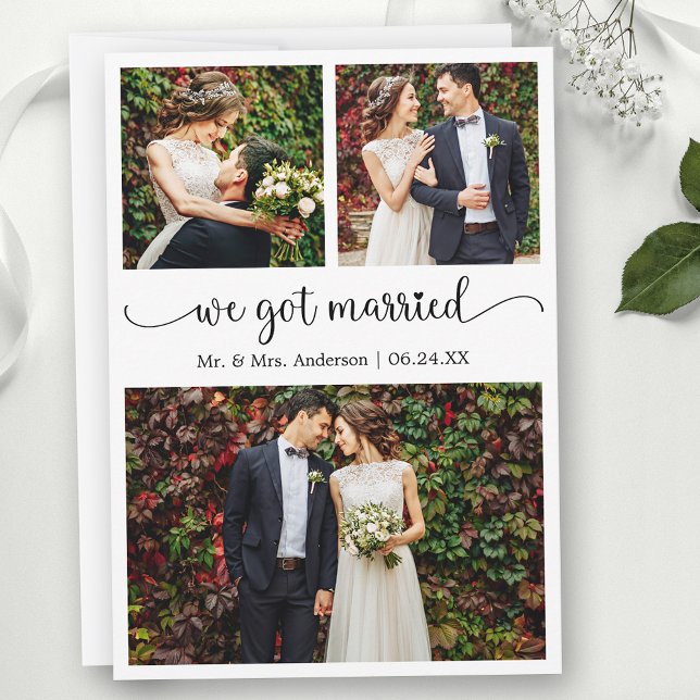 Anuncio We Got Married Heart Calligraphy 3 Photos Wedding (Customize to change your personalized text size, text style or to add text to back of card.)