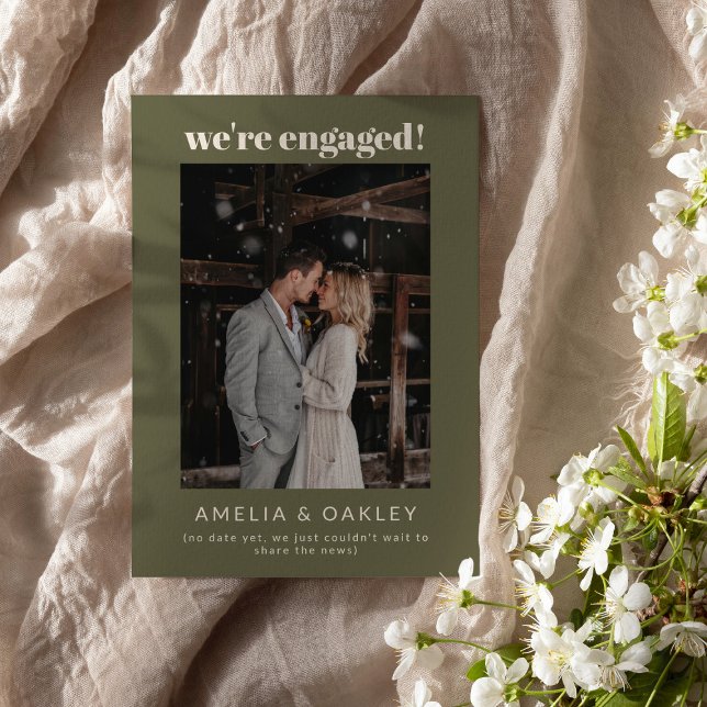 Anuncio We're Engaged Minimalist Elegant Photo Olive Green (Subido por el creador)