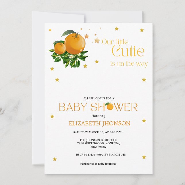 Anuncio Whimsical orange Little cutie neutral baby shower (Anverso)