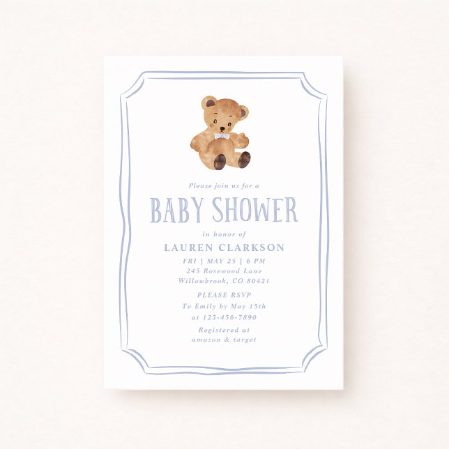 Anuncio White and Blue Teddy Bear Baby Shower Invitation (Subido por el creador)