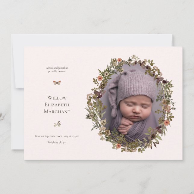 Anuncio Wild Flower Frame New Baby Birth Announcement (Anverso)