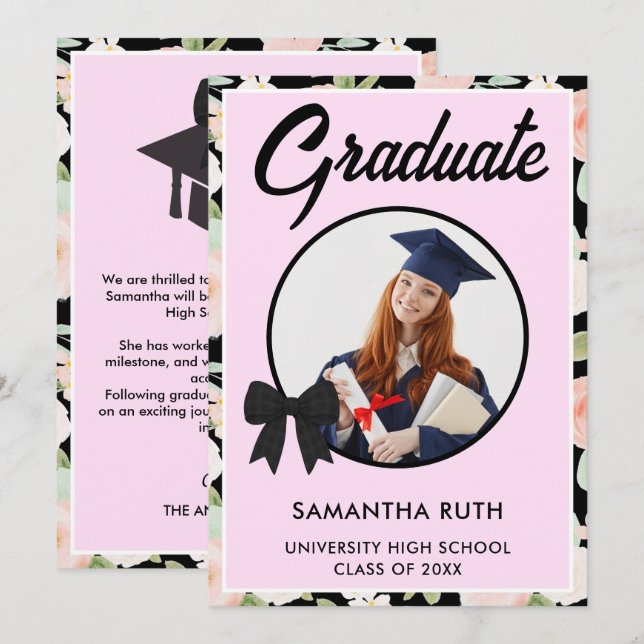 Anuncio Wildflower Black Gingham Bow Photo Graduation (Anverso / Reverso)