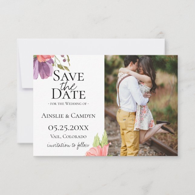 Anuncio Wispy Floral Photo Save the Date (Anverso)