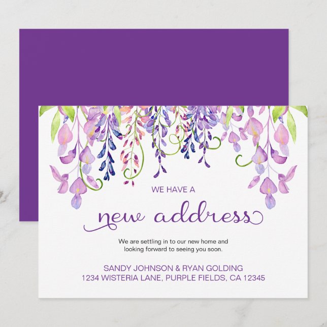 Anuncio Wisteria floral púrpura Tenemos nueva dirección en (Anverso / Reverso)