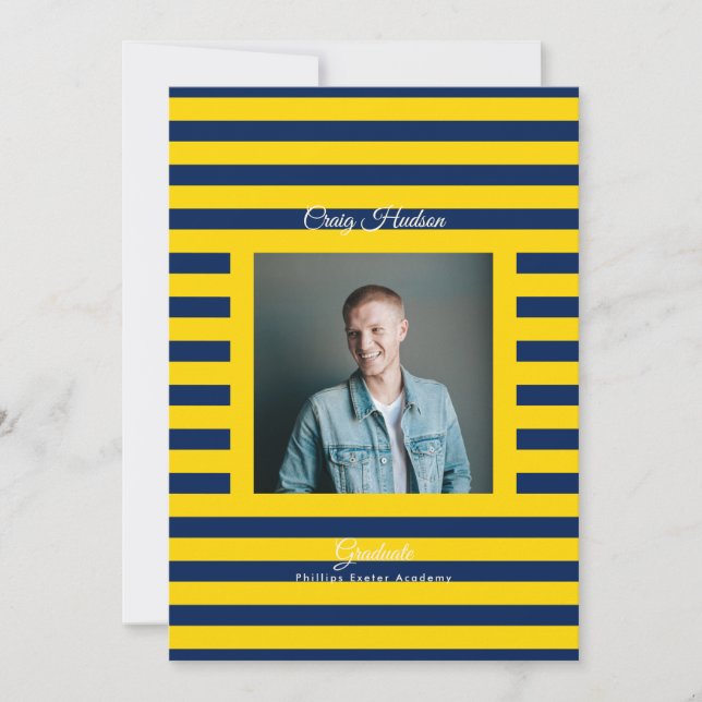 Anuncio Yellow Blue Preppy High School Photo Grad Cards (Anverso)