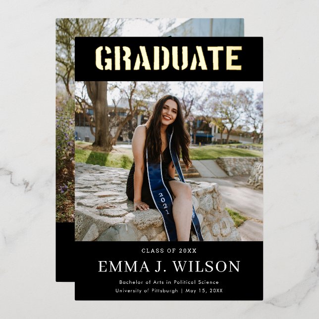 Anuncios de Graduación Negra de Foto Real Relieve  (Anverso/Reverso)