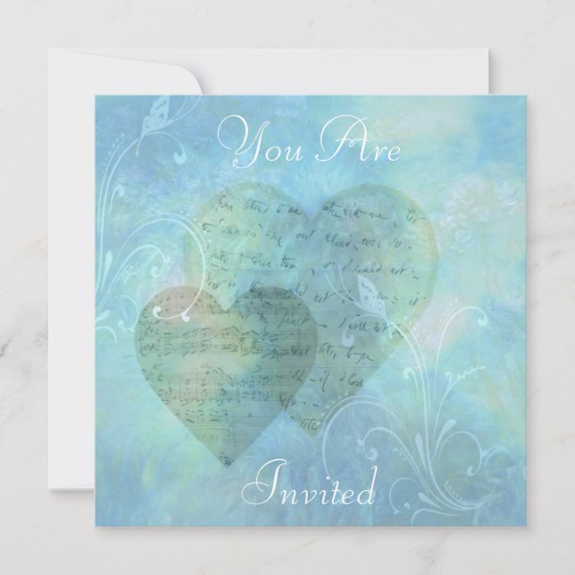 Anuncios de invitación azul Corazones y mariposas (Anverso)