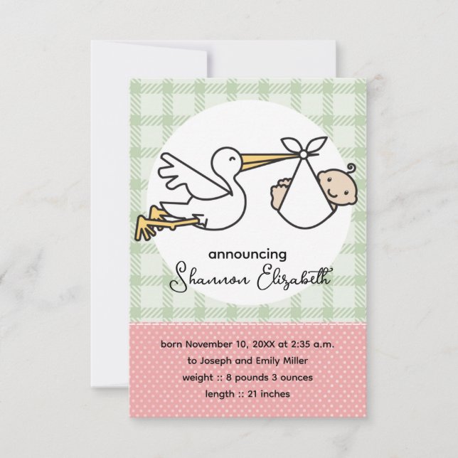 Anuncios de nacimiento de bebé en cigüeña (rosa) (Anverso)