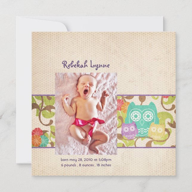 Anuncios de nacimiento de búho (Anverso)