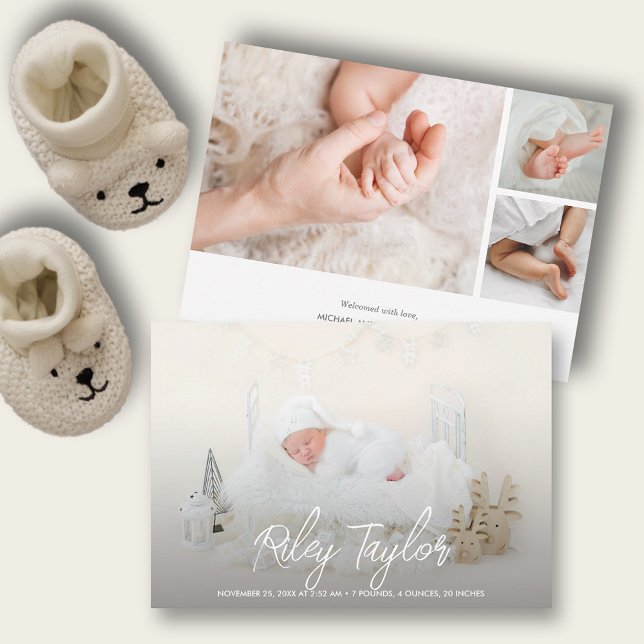 Anuncios de nacimiento de Collage de fotos de guió (Elegant script birth announcements with one phone on the front and 3 on the back with your details)