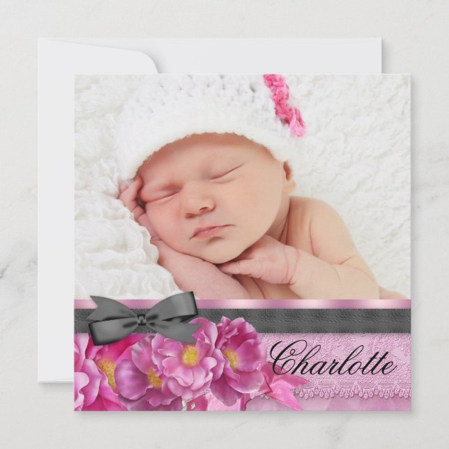 Anuncios de nacimiento de foto negra rosa rosa ros (Anverso)