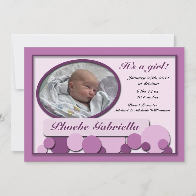 Anuncios de nacimiento divertidos con puntos morad (Anverso)