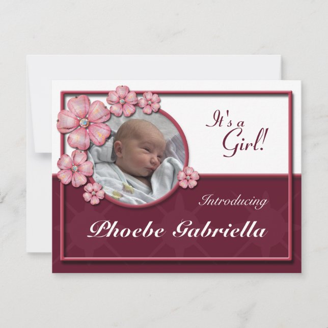 Anuncios de nacimiento rosado de gema floral (Anverso)