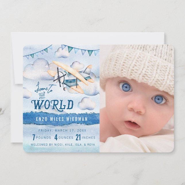 Anuncios de nacimientos de Watercolor Airplane Boy (Anverso)