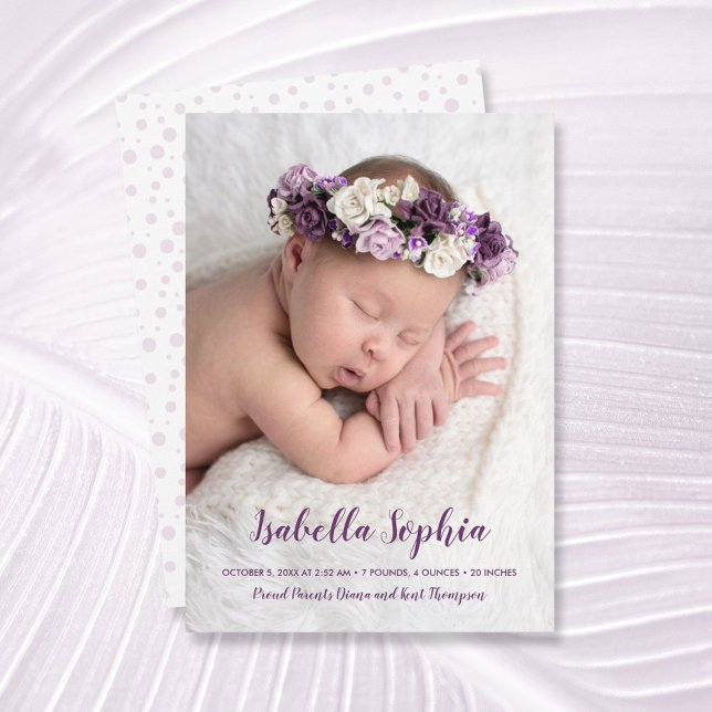 Anuncios de natalidad de foto de bebé morado dulce (Subido por el creador)