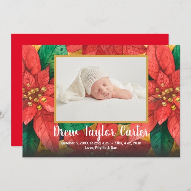 Anuncios de natalidad de fotos de bebé de poinsett (Anverso / Reverso)