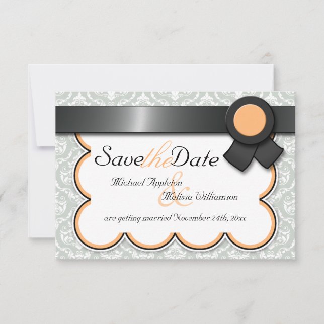 Anuncios de Orange & Gray Damask Save the Date (Anverso)