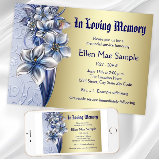 Anuncios de servicio conmemorativo azul elegante (Blue and gold memorial service invitation and announcement. Download and printed available.)