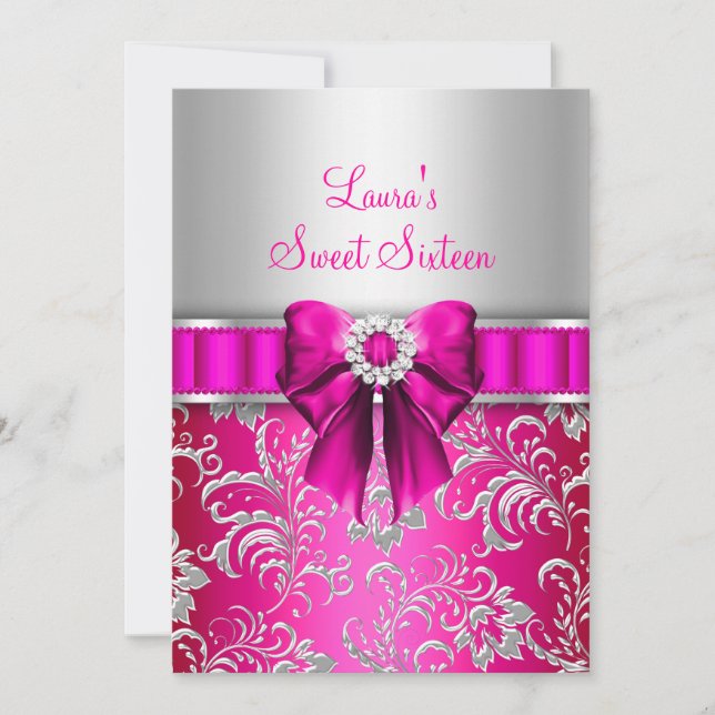 Anuncios de Sweet 16 con lazo rosa y flores platea (Anverso)