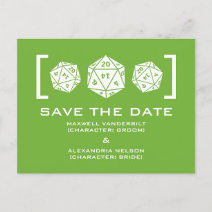 Anuncios Jugador de dados verde D20 Guardar la postal de fe