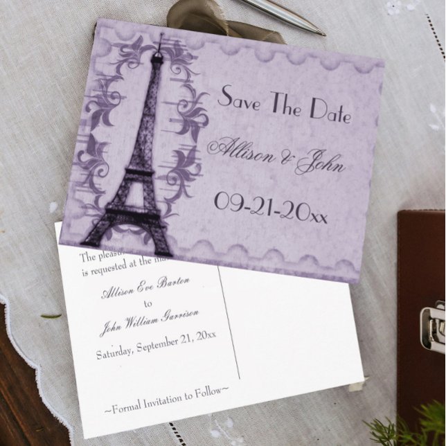 Anuncios Lavender Paris Grunge Guardar la postal de fecha (Lavender Paris Grunge Wedding Save the Date)