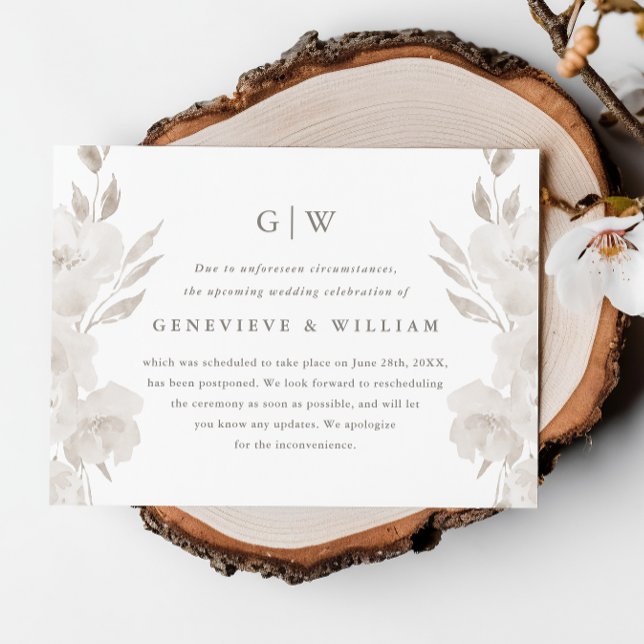 Aplazamiento de boda con foto floral neutral chic (Subido por el creador)