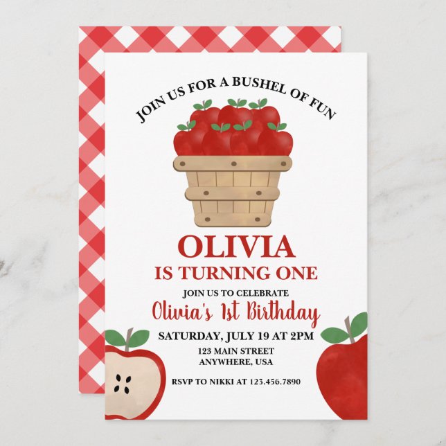 Apple Bushel de divertida invitación a cumpleaños (Anverso / Reverso)