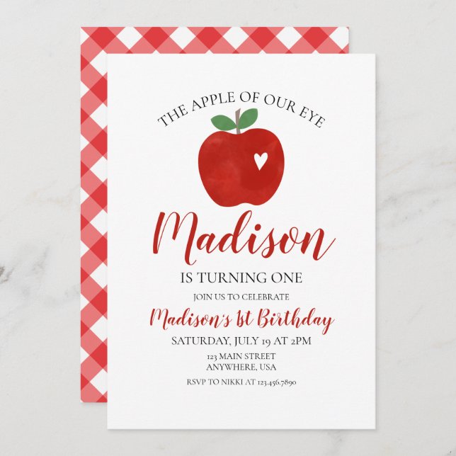 Apple of our Eye 1er cumpleaños invitación (Anverso / Reverso)