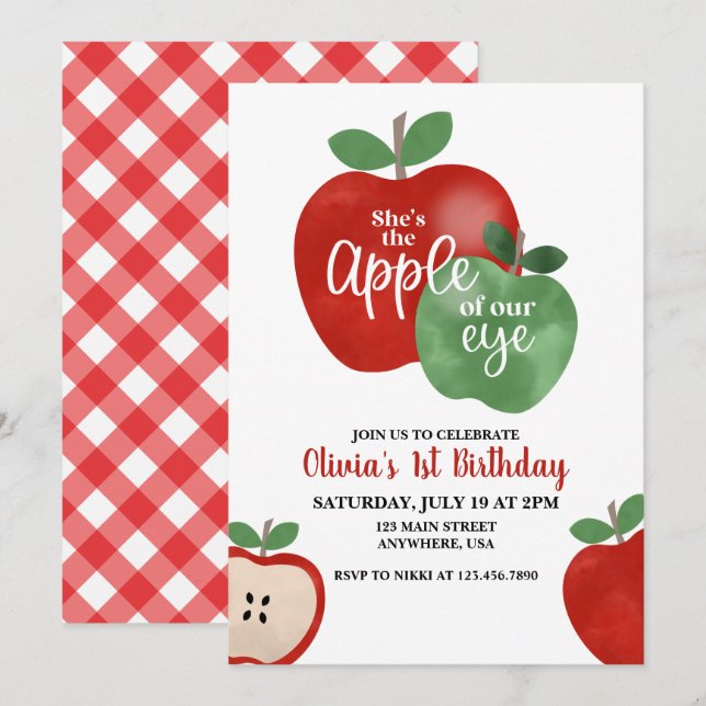 Apple of our Eye 1er cumpleaños invitación (Anverso / Reverso)