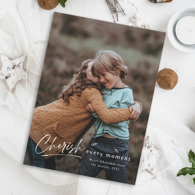 Apreciar cada momento las fotos de los Navidades d (Modern script cherish every moment christmas photo magnetic holiday card.)